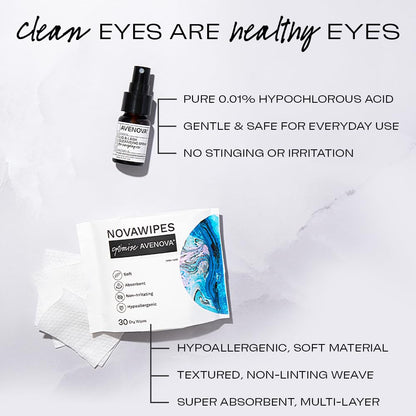 Avenova Eyelid & Eyelash Cleanser Kit | HOCl Spray + 30 NovaWipes