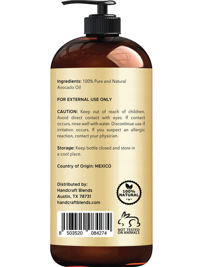 Handcraft Blends Avocado Oil - Cold-Pressed 16 Fl Oz - 100% Pure and Natural - Premium Grade Carrier Oil for Skin and Hair - Hair and Body - Massage - Hexane-Free