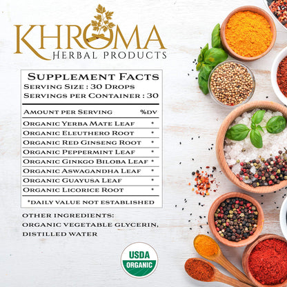 Awaken Organic Energy Supplement – 2 oz Liquid (Pack of 2) – Yerba Mate, Eleuthero Root, Red Ginseng, Peppermint, Ginkgo, Ashwagandha, Guayusa | Khroma Herbs