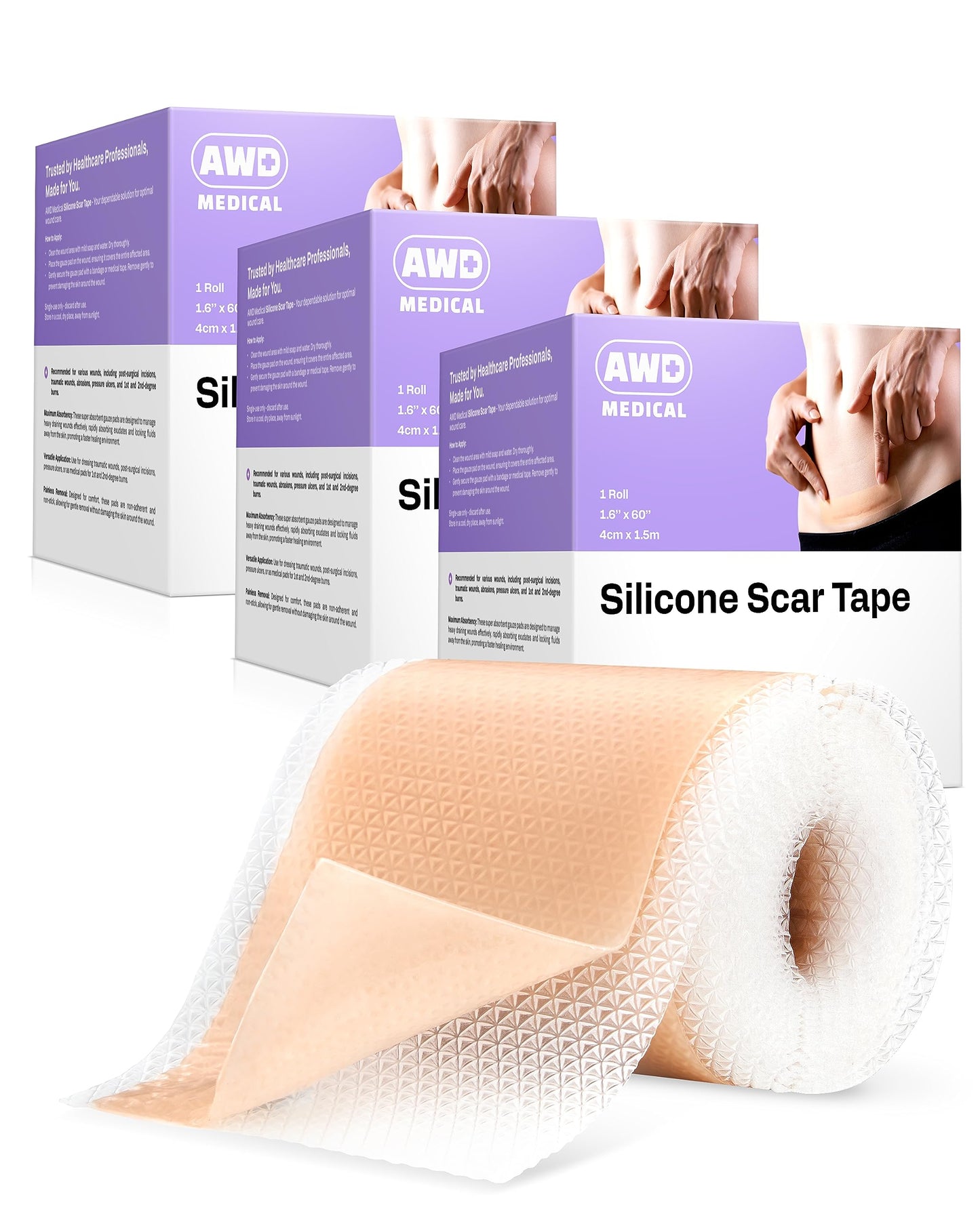 AWD Silicone Scar Tape 3 Pack – 180in Total, Reusable for Surgery & Postpartum | AWD Medical