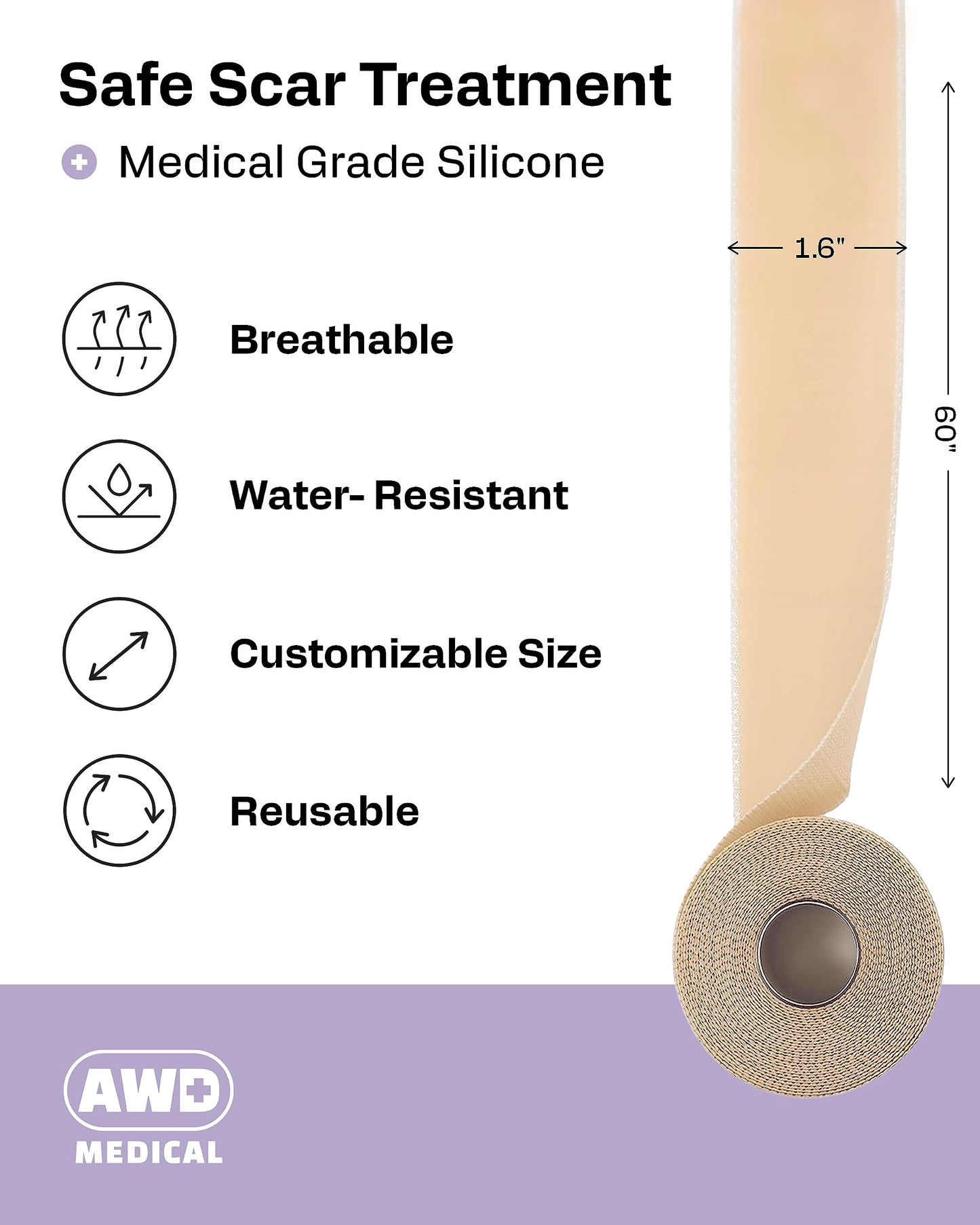AWD Silicone Scar Tape 3 Pack – 180in Total, Reusable for Surgery & Postpartum | AWD Medical