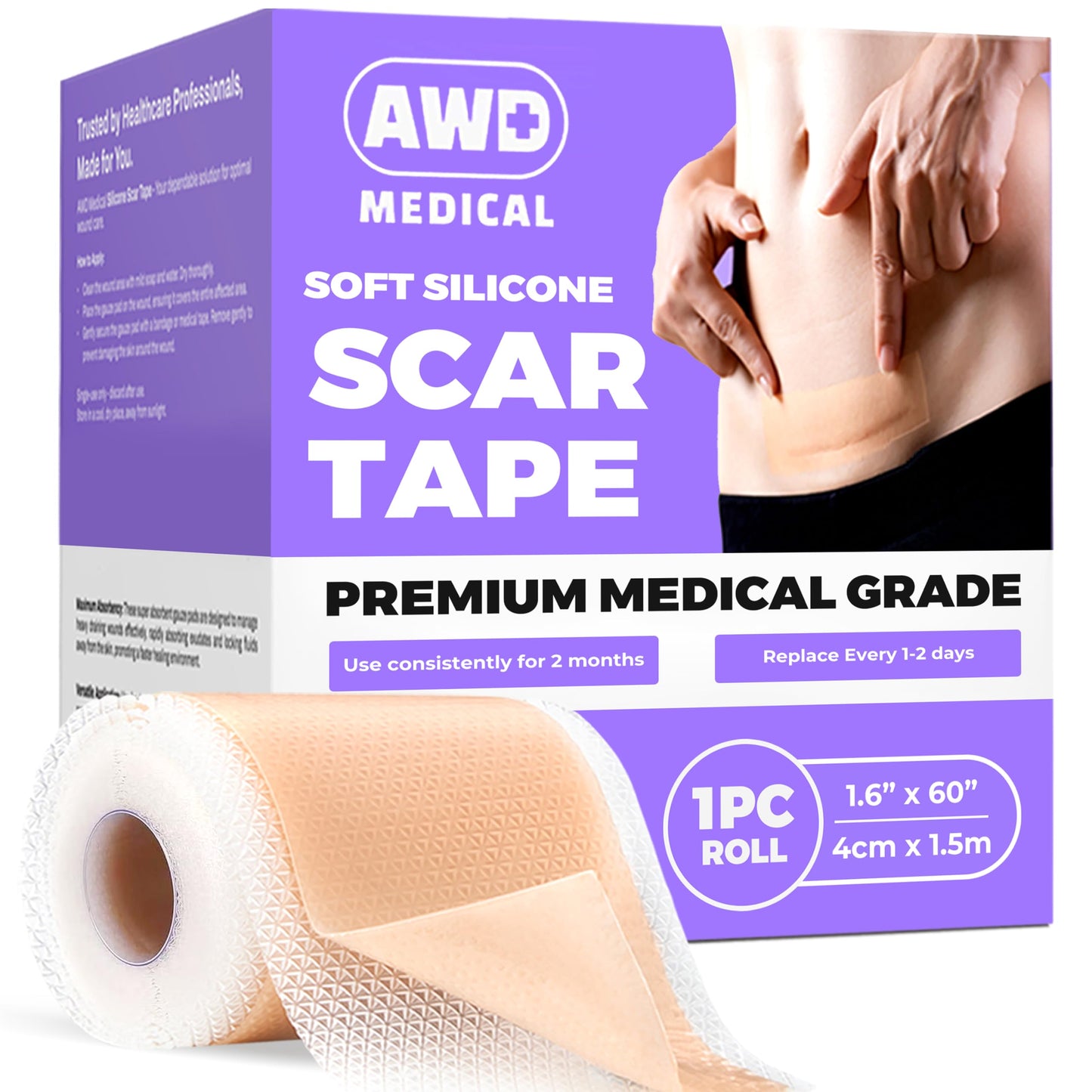 AWD Silicone Scar Tape Roll 60in – Medical-Grade Scar Tape for Surgical Scars, C-Section, Tummy Tuck, Reusable Scar Sheets