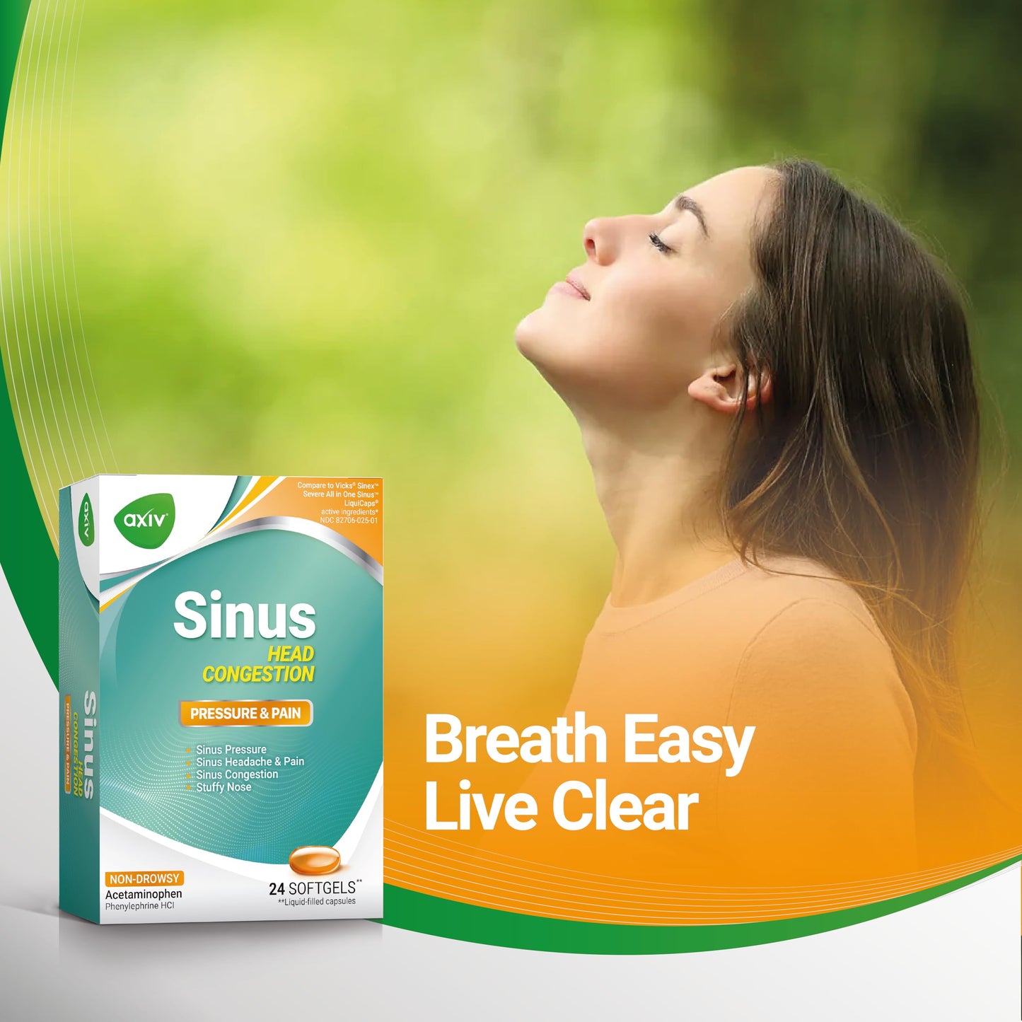 AXIV Sinus Head Congestion Relief - Non-Drowsy, Maximum Strength Sinus Pressure & Stuffy Nose - 24 Softgels