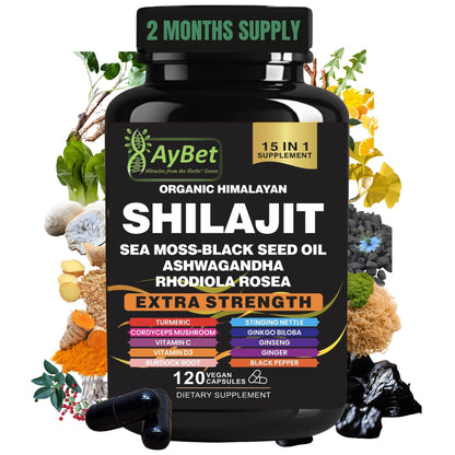 AyBet Shilajit – Organic Himalayan Shilajit Capsules with Sea Moss (120 Caps)