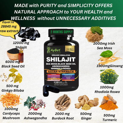AyBet Shilajit – Organic Himalayan Shilajit Capsules with Sea Moss (120 Caps)