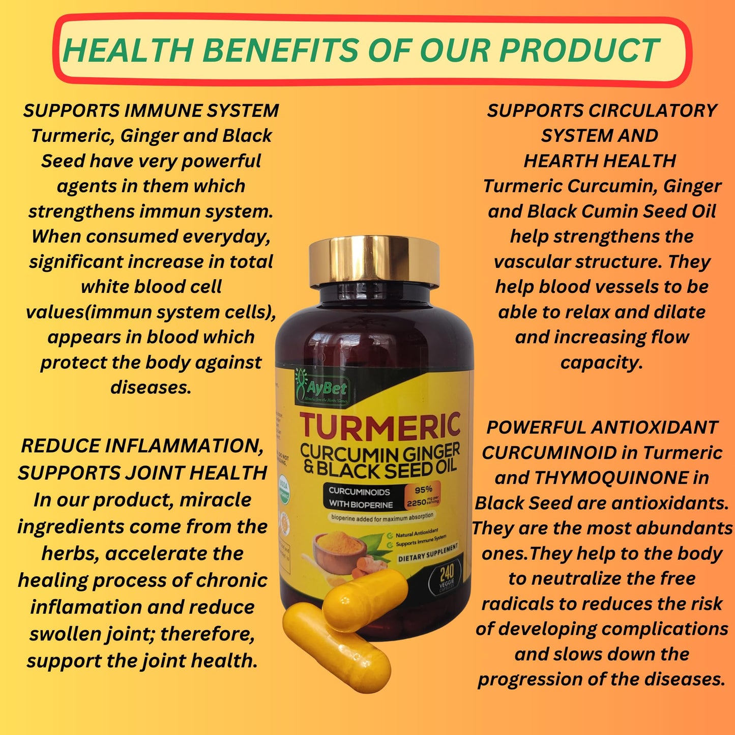 AyBet World 1st Turmeric Curcumin Ginger & Black Seed Oil - 240 Caps, 2250mg, 95% Curcuminoids, BioPerine, Extra Strength