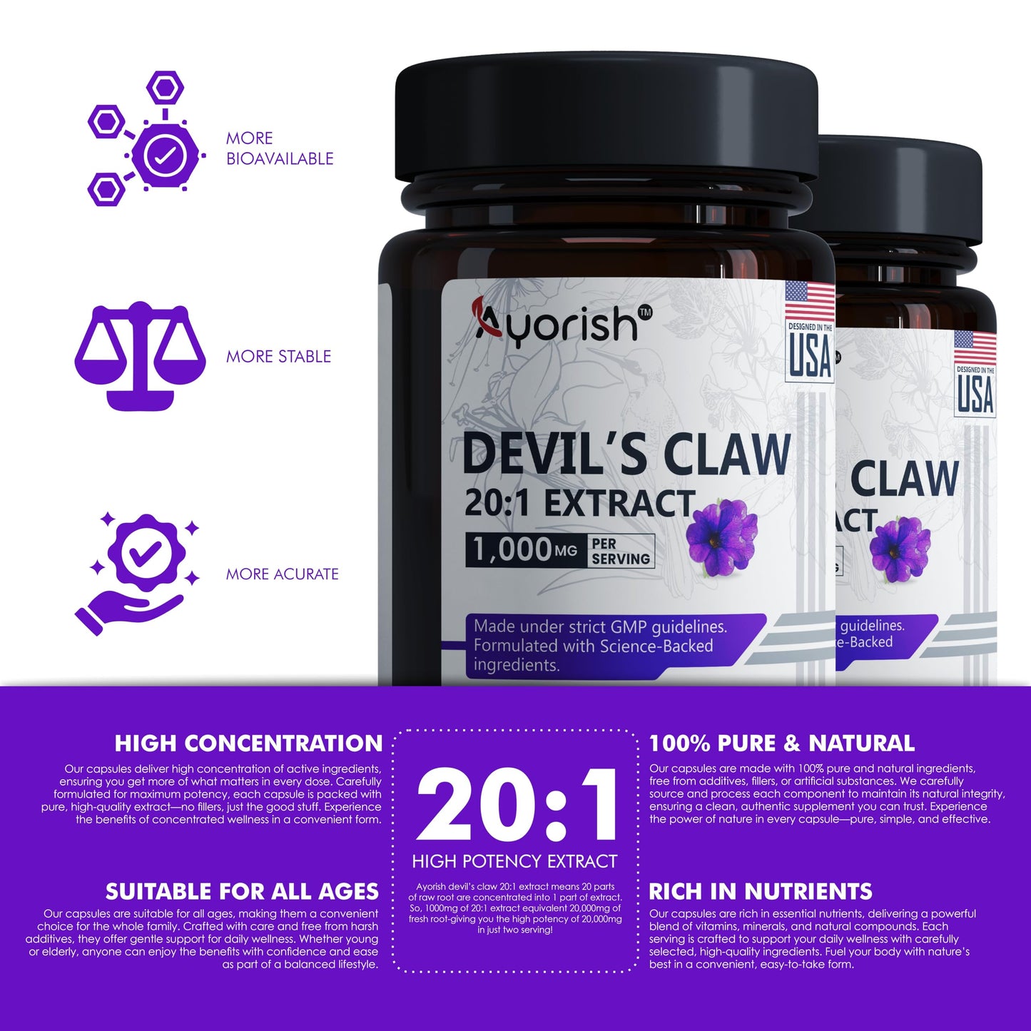 Ayorish Devils Claw 1000mg | 120 Veggie Capsules | Non-GMO