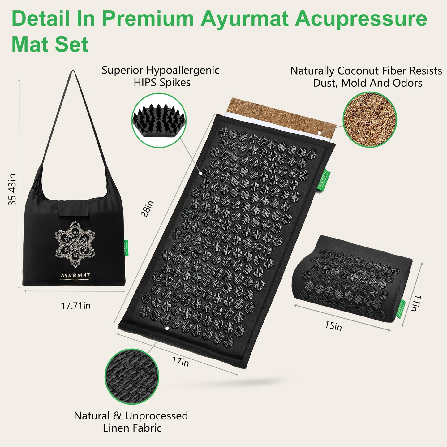 AyurMat Premium Acupressure Mat & Pillow Set - Eco Linen & Coconut Fiber