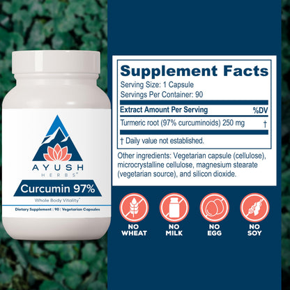 Ayush Herbs Curcumin 97% – Premium Turmeric Curcuminoids, Joint Support, 90 Veg Capsules