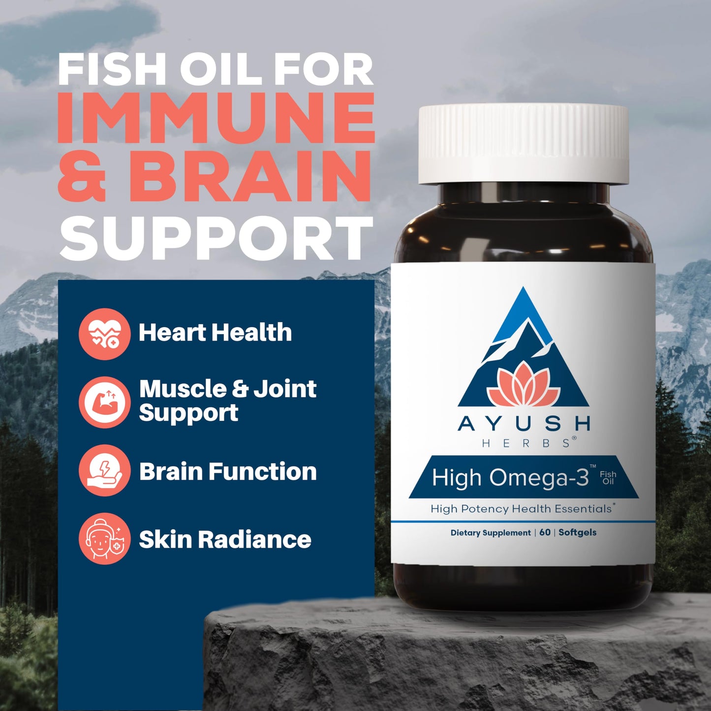 Ayush Herbs High Omega 3 - 1000mg Omega-3 Fish Oil, EPA & DHA | Lemon Flavor, 60 Softgels