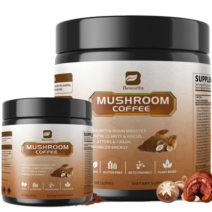B BEWORTHS 2Pack Mushroom Coffee Powder with MCT Oil - 10-Mushroom Blend for Focus, Immune & Brain Health | Keto