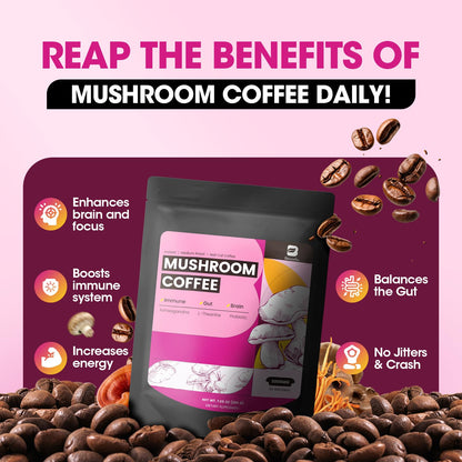 B BEWORTHS Slim Mushroom Coffee Powder — 10-Mushroom Blend with Ashwagandha, L-Theanine, and Prebiotics