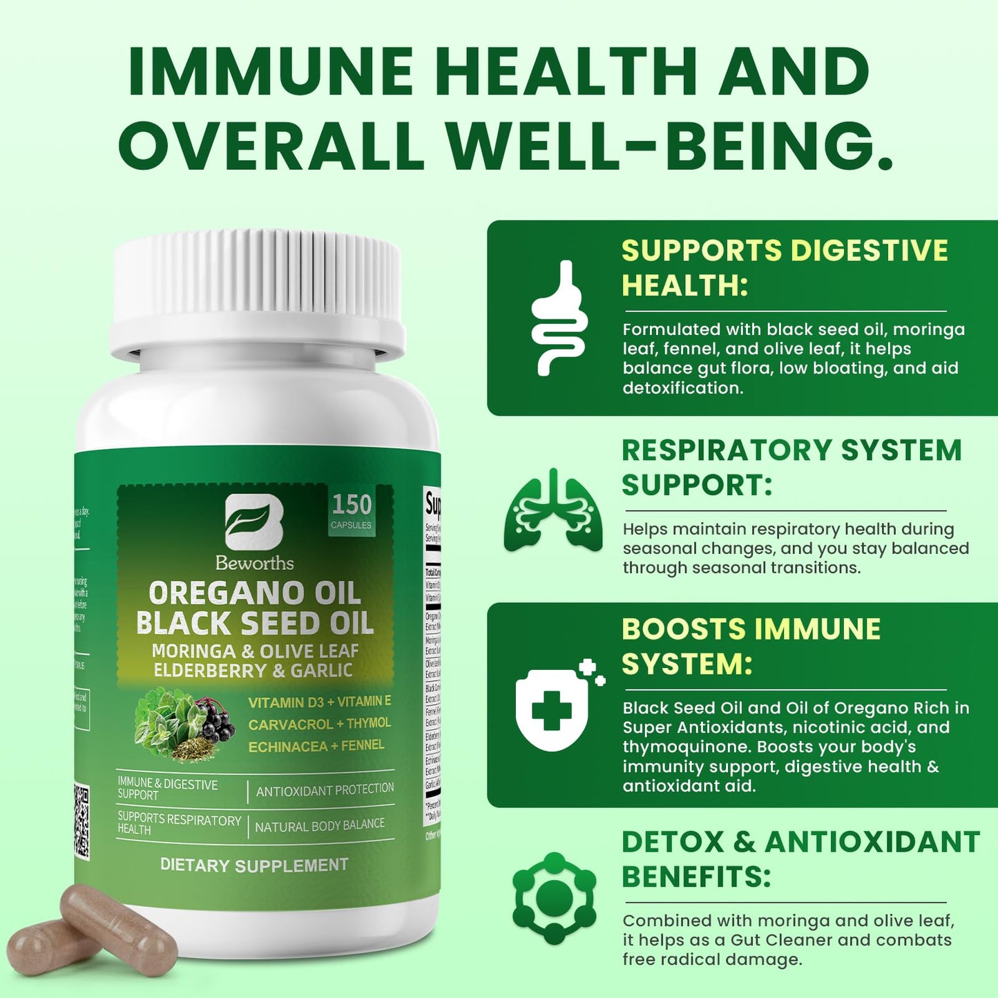 B BEWORTHS Oil of Oregano with Black Seed Oil – Carvacrol Oregano Oil Capsules for Immune & Digestive Support
