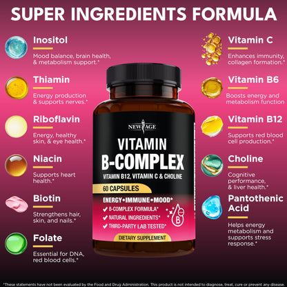 NEW AGE Vitamin B Complex for Men & Women — Made in USA, 180 Vegan Capsules