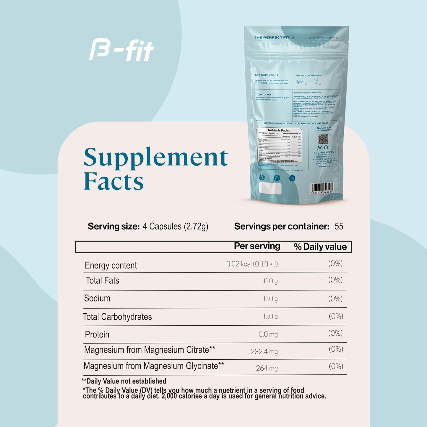 B-FIT B Magnesium Glycinate & Citrate – 220 Capsules | 496 mg Elemental Magnesium | Vegan