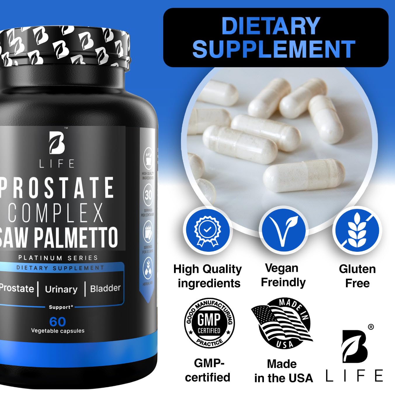 B Life Prostate Health Supplements for Men – Saw Palmetto, Pumpkin Seed Oil, Nettle Root, 60 Capsules