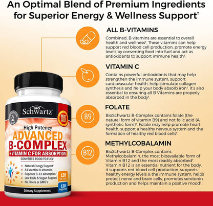 Vitamin B Complex with Vitamin C for Maximum Absorption - Methylcobalamin B12 & Folate - 120 Count