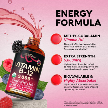 USDA Organic Vitamin B12 Sublingual Drops – 5000 mcg, 4 oz, 4 Month Supply