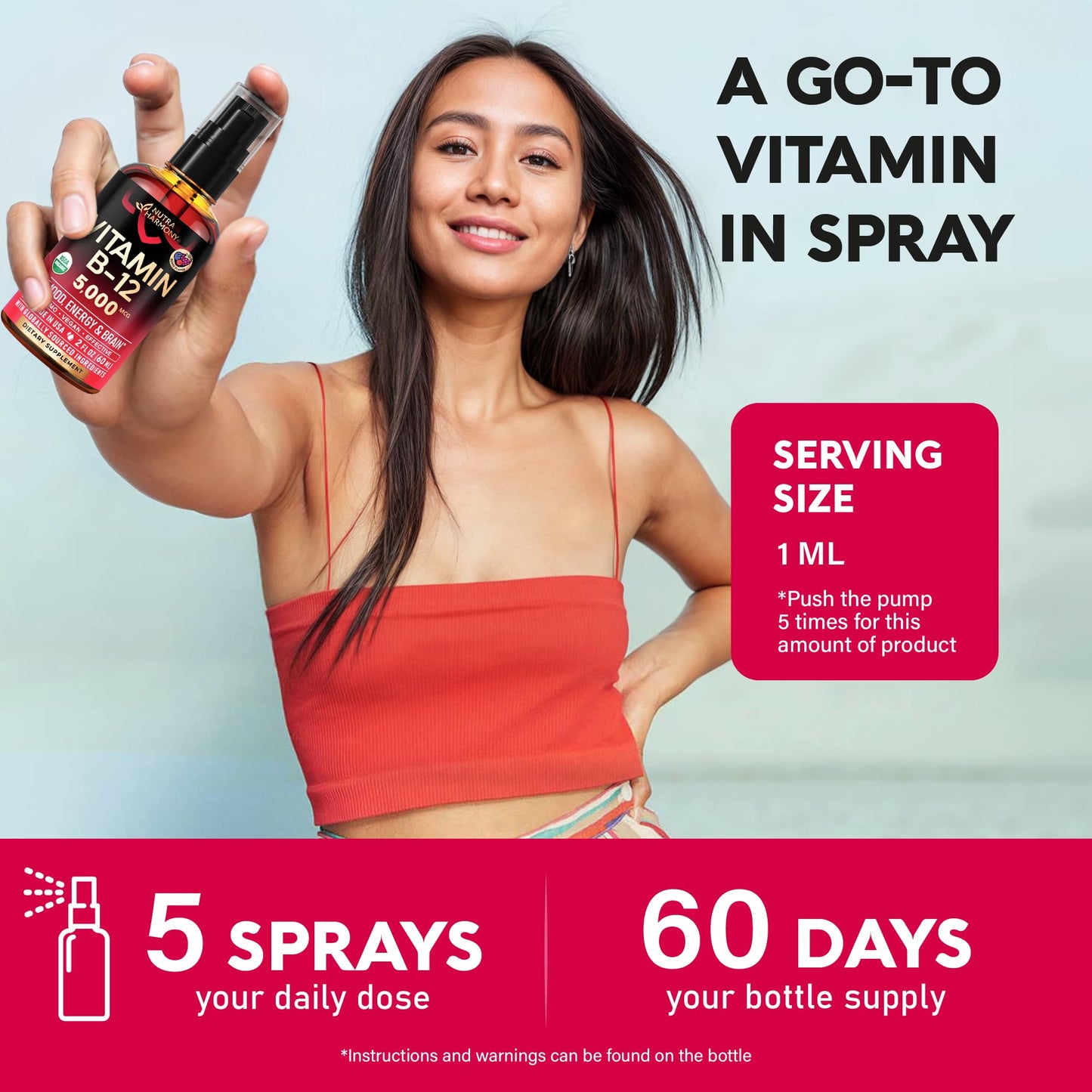USDA Organic Vitamin B12 Sublingual Spray 5000 mcg - Vegan Methylcobalamin | 2 fl oz | 2 Month Supply