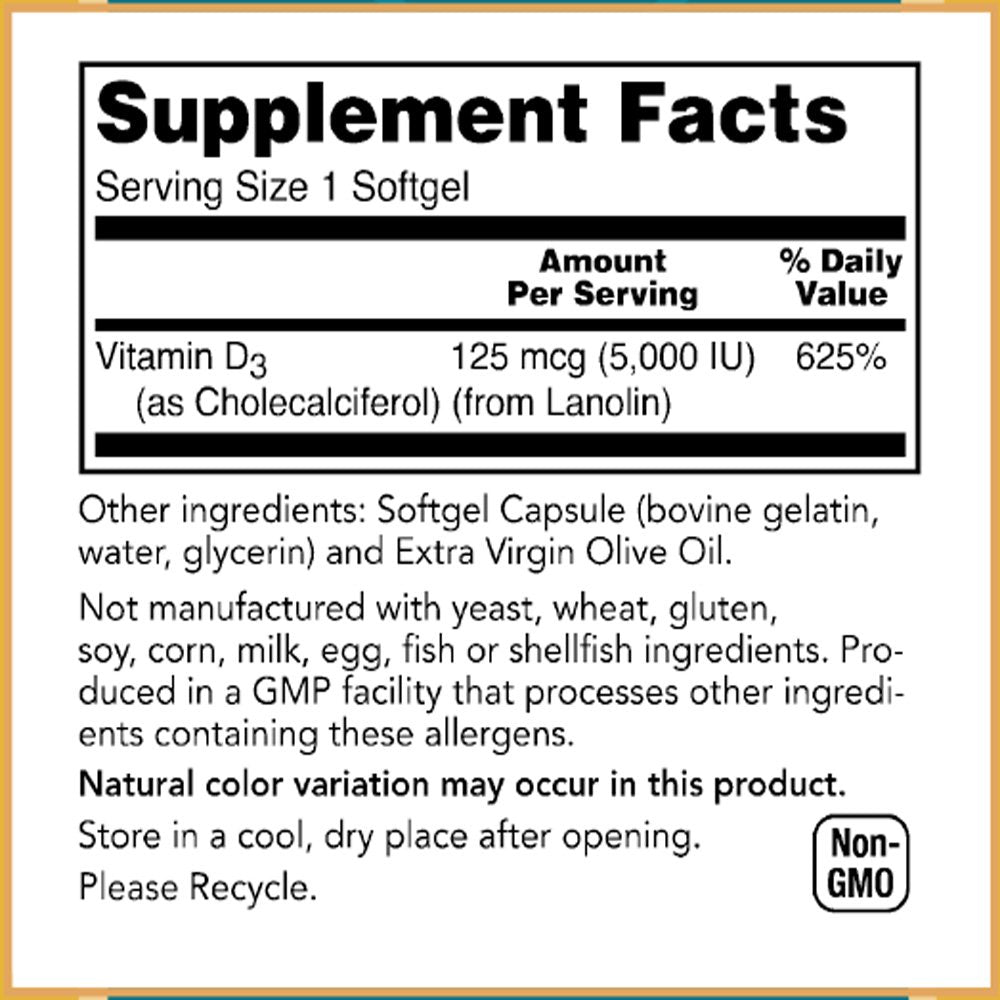 Baar Vitamin D-3 Softgels 5,000 IU | 120 Softgels | Immune & Bone Support