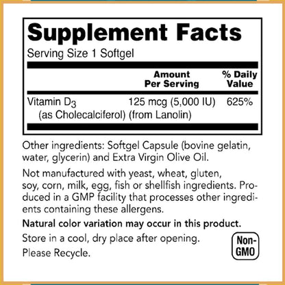 Baar Vitamin D-3 Softgels 5,000 IU | 120 Softgels | Immune & Bone Support