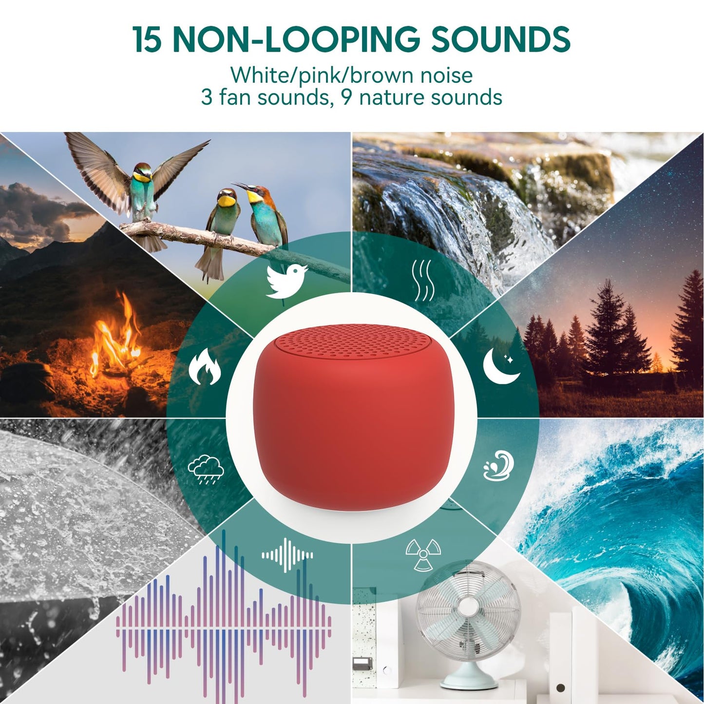 BABELIO Pocket White Noise Mini – 15 Non-Looping Sounds, Red