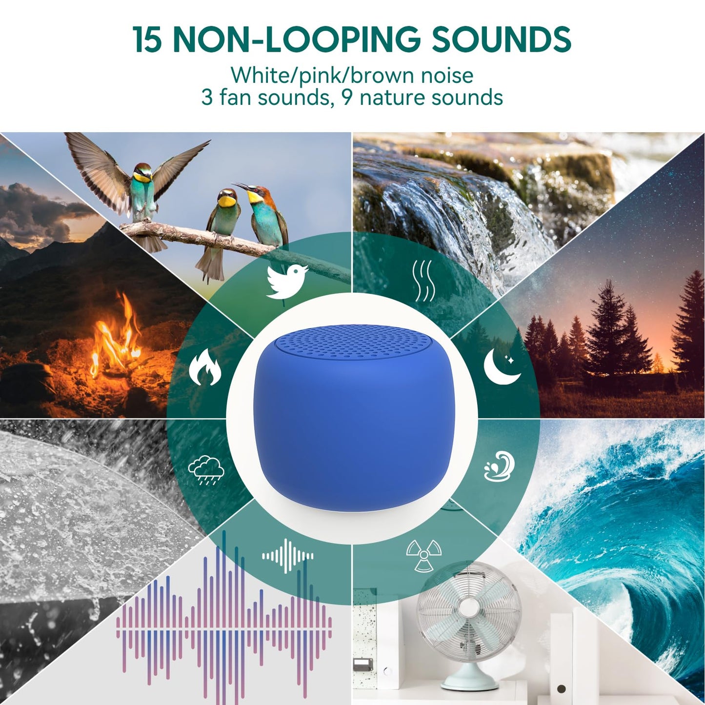 BABELIO Pocket White Noise Machine – 15 Non-Looping Sounds, Timer, Memory (Navy)