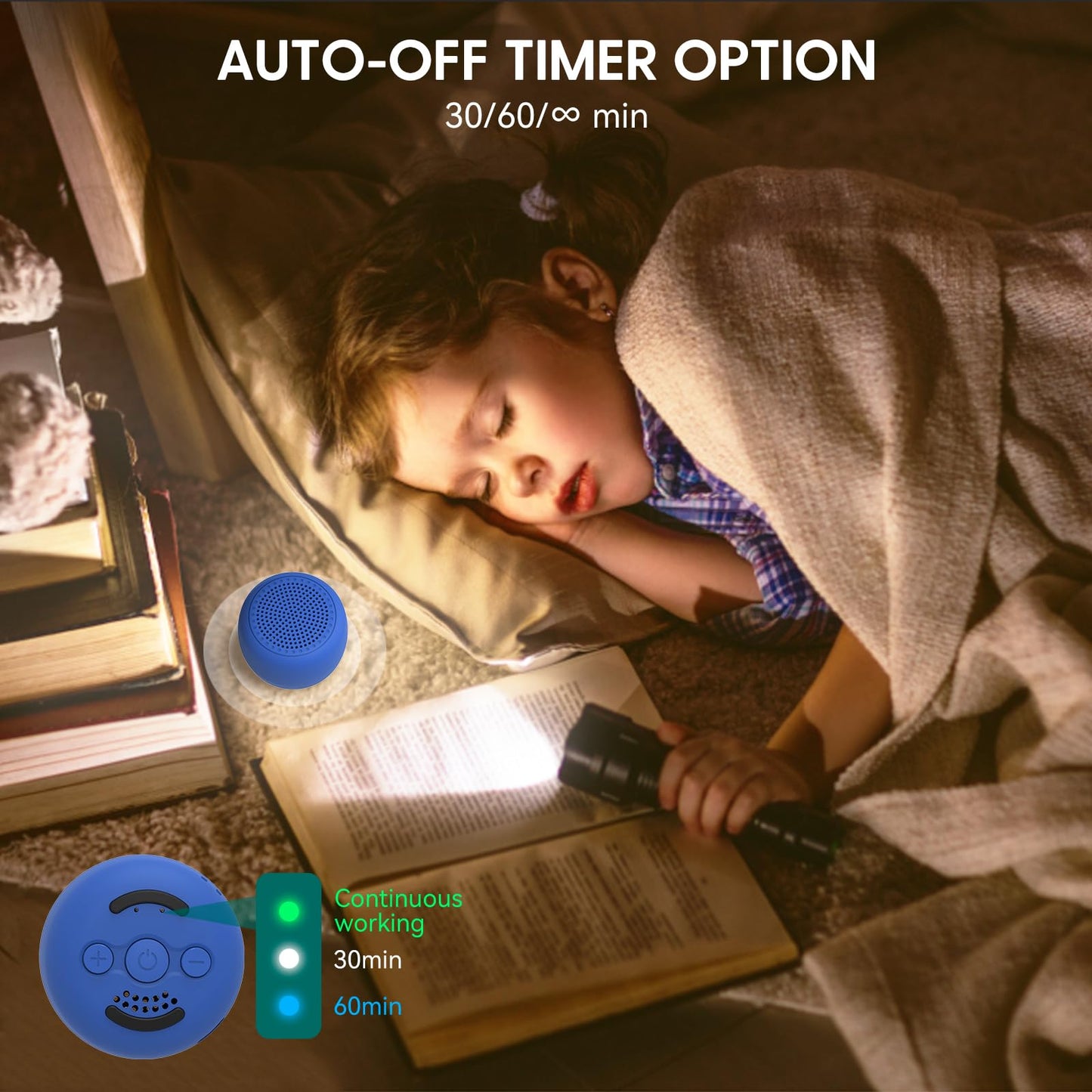 BABELIO Pocket White Noise Machine – 15 Non-Looping Sounds, Timer, Memory (Navy)
