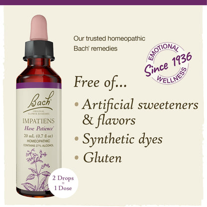 Bach Impatiens Have Patience – Original Flower Remedies (20mL Dropper) | Vegan, Gluten Free, Sugar Free