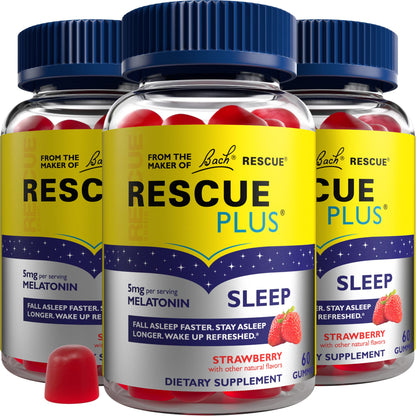 Bach RESCUE PLUS Melatonin Sleep Gummies – 3 Pack, 180 Count Total | Natural Strawberry