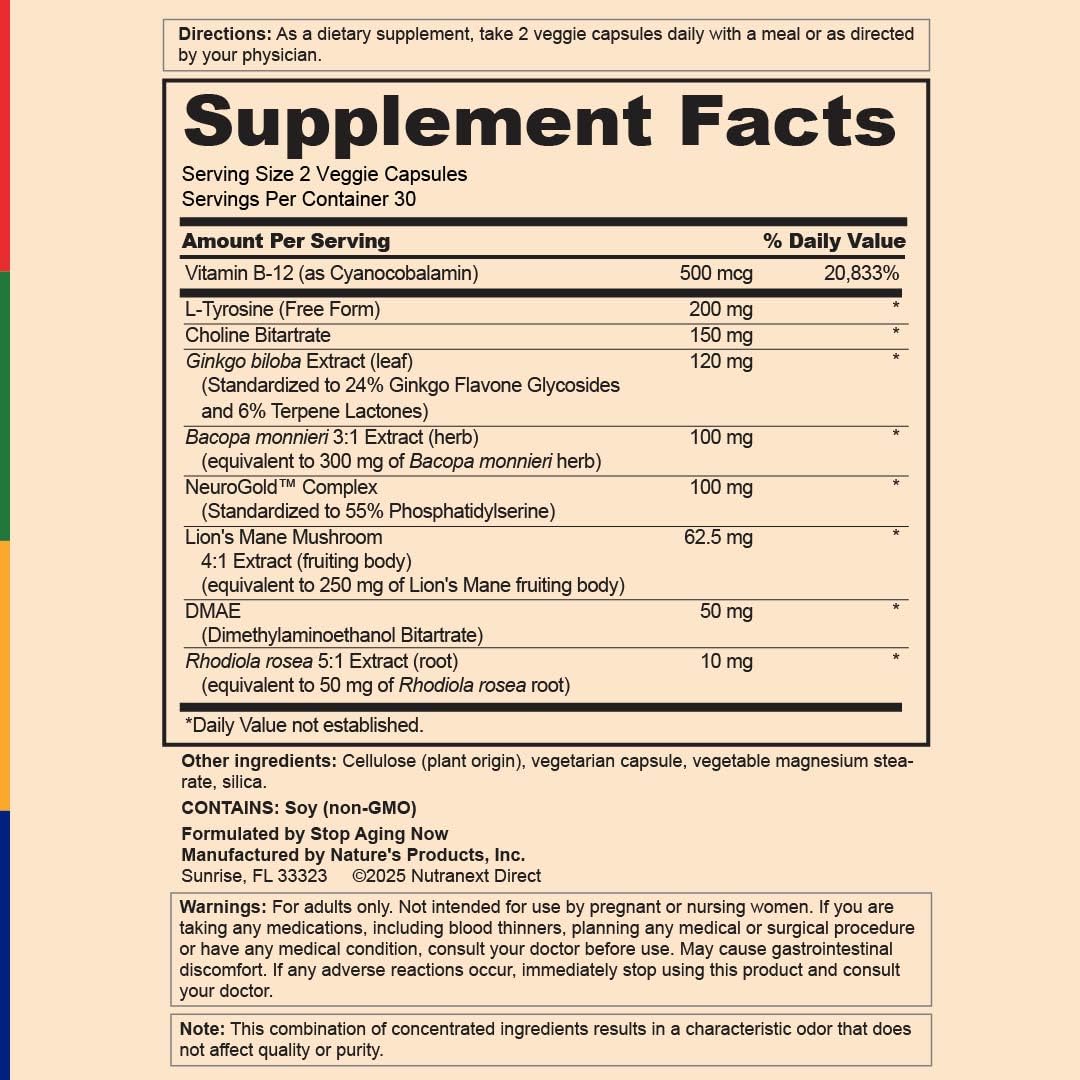 Stop Aging Now: Brain Energizer – 60 Veggie Caps | Advanced Complex with Lion's Mane, Bacopa & DMAE