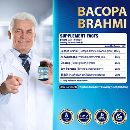 Organic Bacopa Monnieri Supplement with Ashwagandha, Ginseng, Saw Palmetto & Shilajit - 90 Capsules (3-Month Supply)