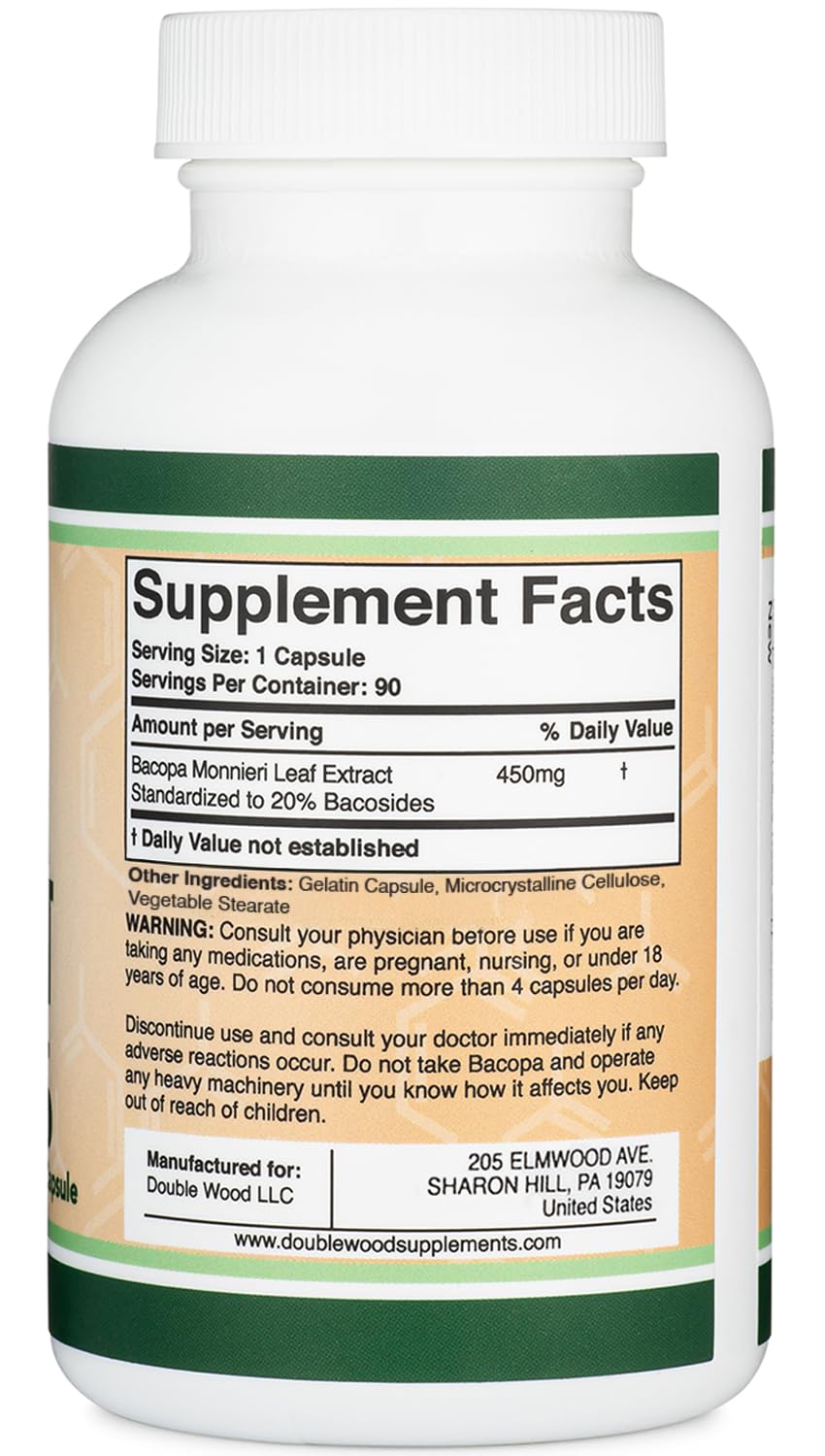 Bacopa Monnieri Capsules 450mg | 20% Bacosides - Non-GMO, Gluten Free | Double Wood