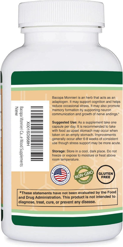 Bacopa Monnieri Capsules 450mg | 20% Bacosides - Non-GMO, Gluten Free | Double Wood