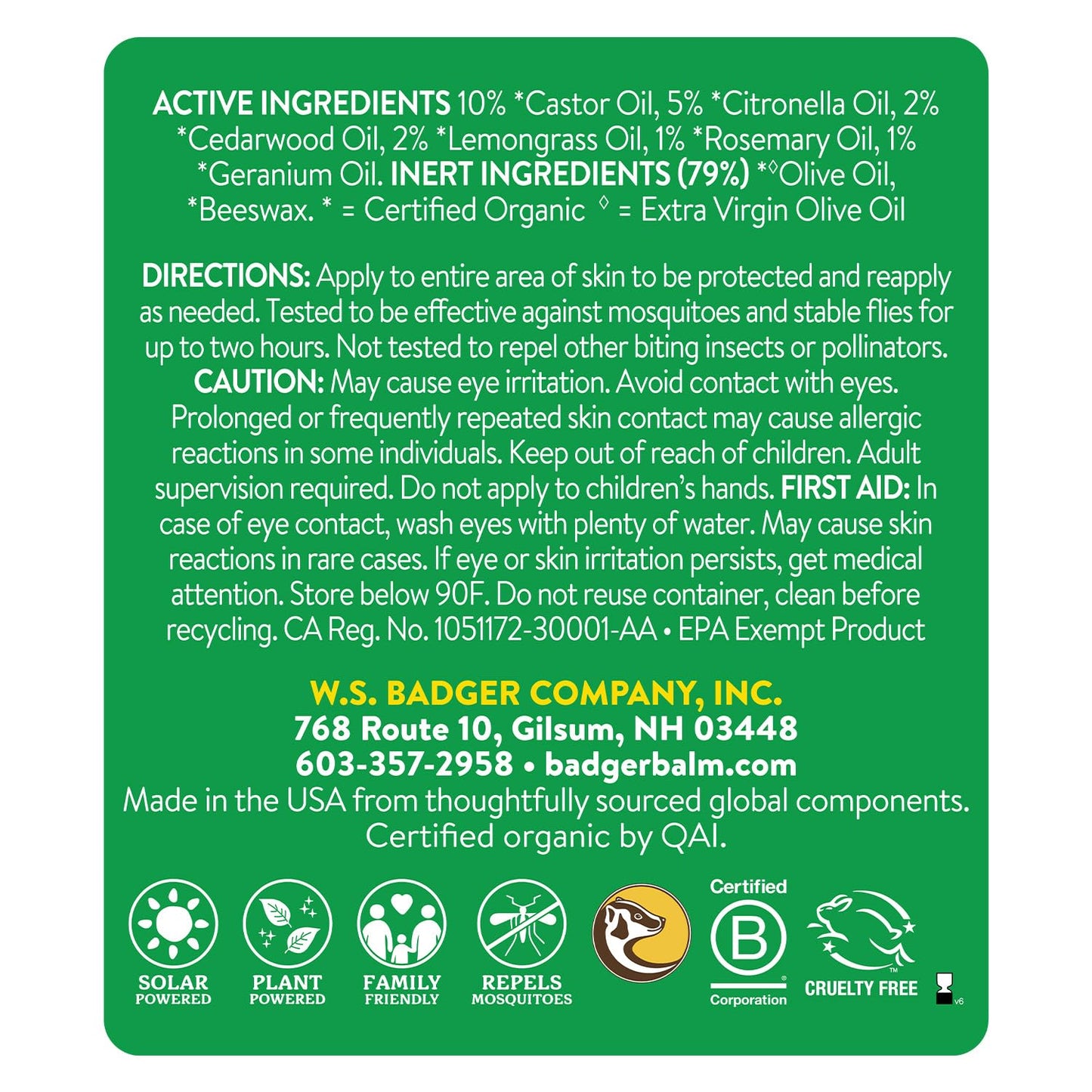 Badger Bug Repellent Stick – All-Natural Mosquito Repellent with Citronella | 0.6 oz