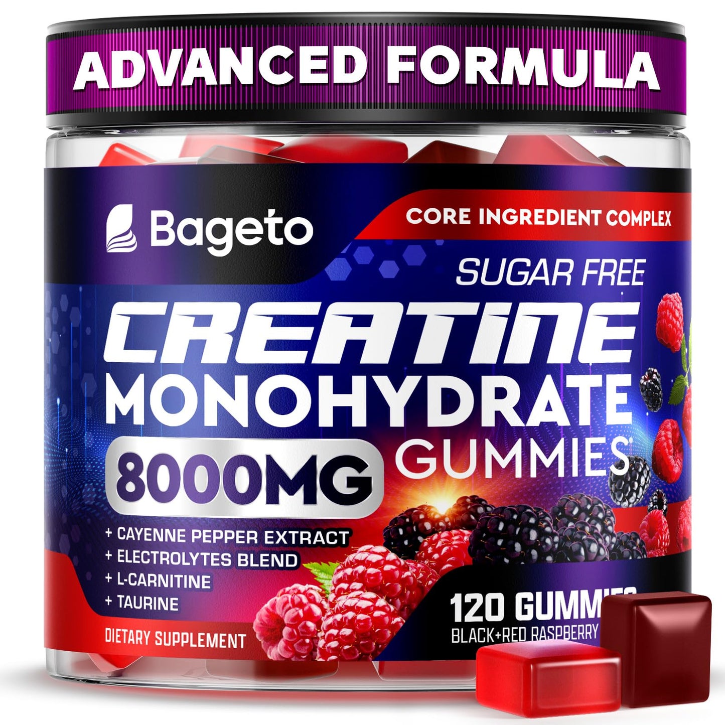 Bageto Creatine Monohydrate Gummies Complex 8000mg – Berry Flavored Vegan Chewables (120 Gummies)