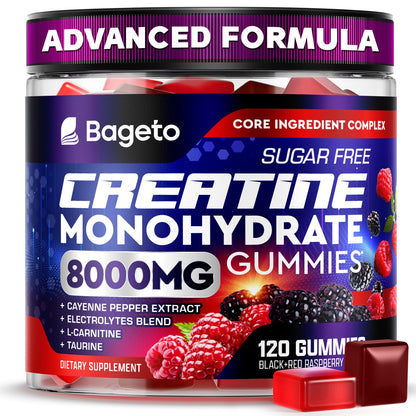Bageto Creatine Monohydrate Gummies Complex 8000mg – Berry Flavored Vegan Chewables (120 Gummies)
