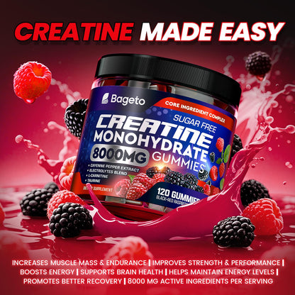 Bageto Creatine Monohydrate Gummies Complex 8000mg – Berry Flavored Vegan Chewables (120 Gummies)
