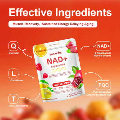 BAKAKOUL NAD Supplements for Men & Women - NAD Powder with Resveratrol | Non-GMO, Sugar-Free | 5 Flavors, 30 Stickpacks