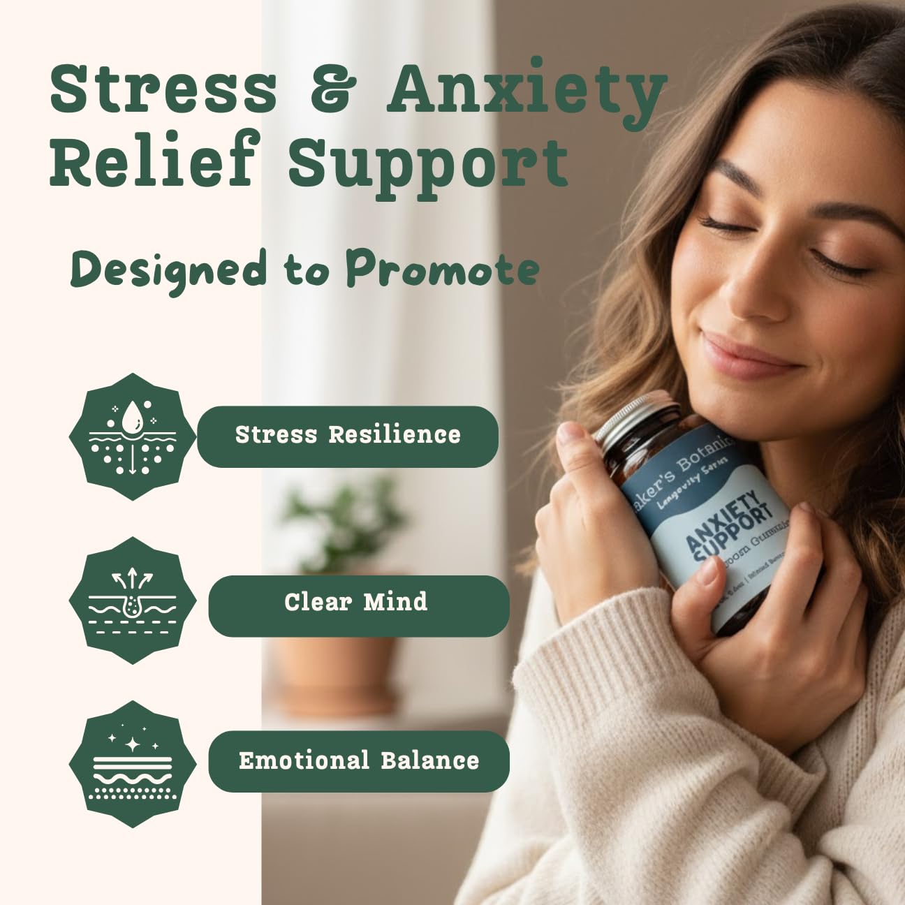 Baker's Botanics Longevity Anxiety Support Gummies | Calm, Stress Relief & Mood Balance