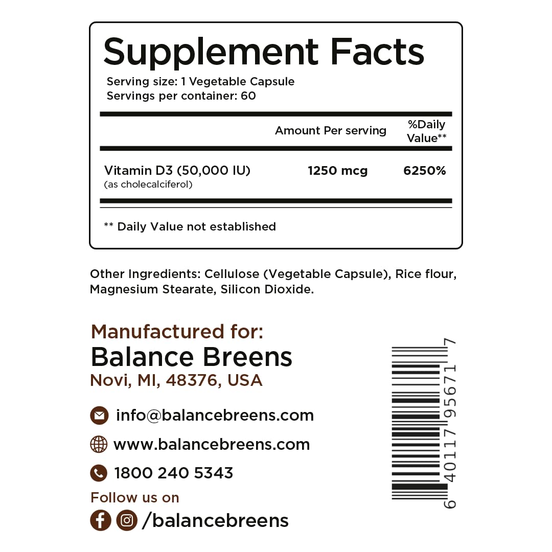 Balancebreens Vitamin D3 50,000 IU – 60 Veggie Capsules | Immune & Bone Health
