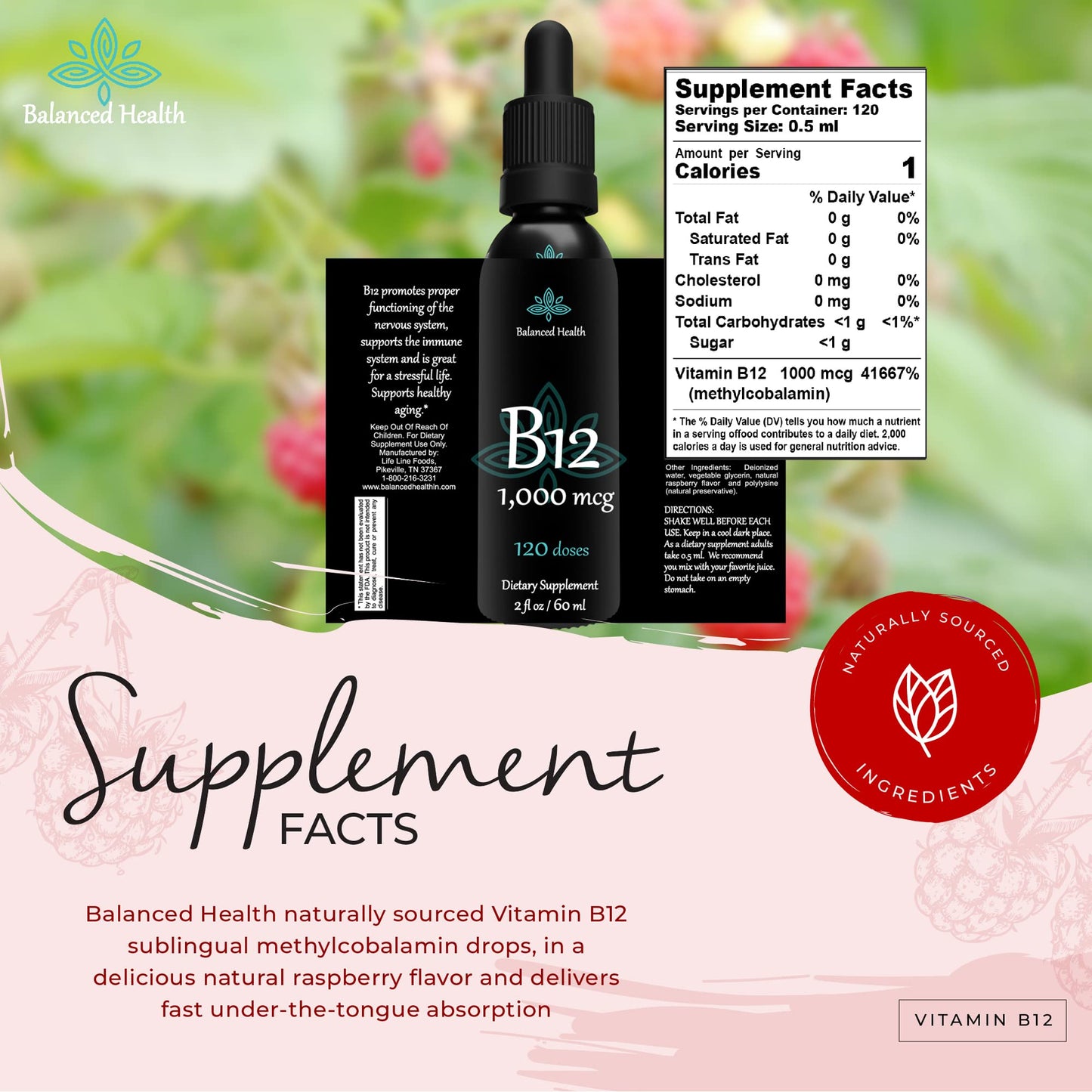 Balanced Health B12 1,000 mcg Sublingual Drops – Raspberry, 2oz, 120 Servings (Pack of 2)