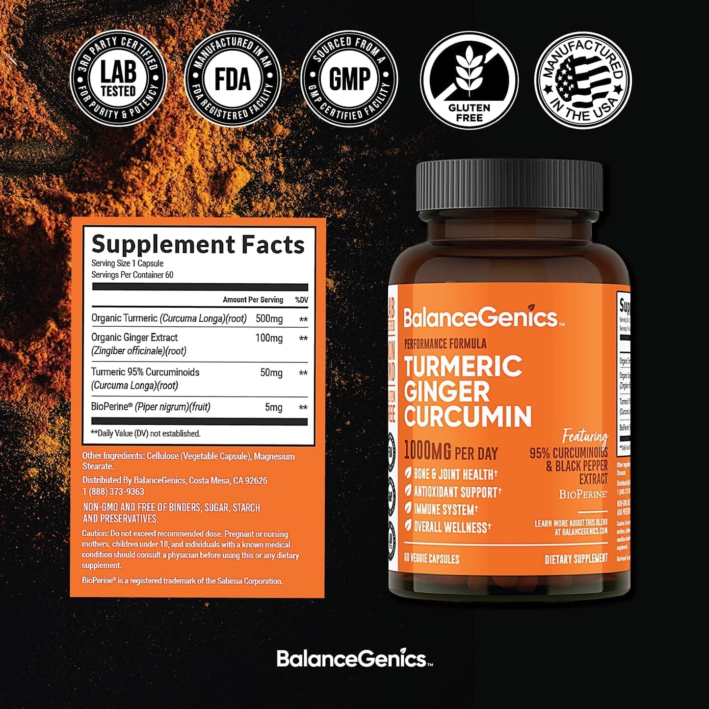 BalanceGenics Turmeric Curcumin 1000mg | Black Pepper & Ginger | 60 Caps