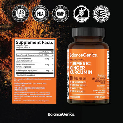 BalanceGenics Turmeric Curcumin 1000mg | Black Pepper & Ginger | 60 Caps