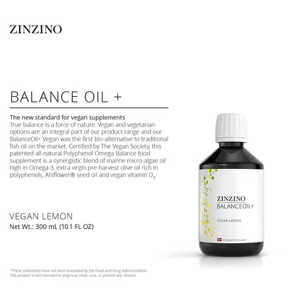 Zinzino BalanceOil+ Vegan Lemon – Marine Micro-Algae, Olive Oil & Vegan D3, 300 ml