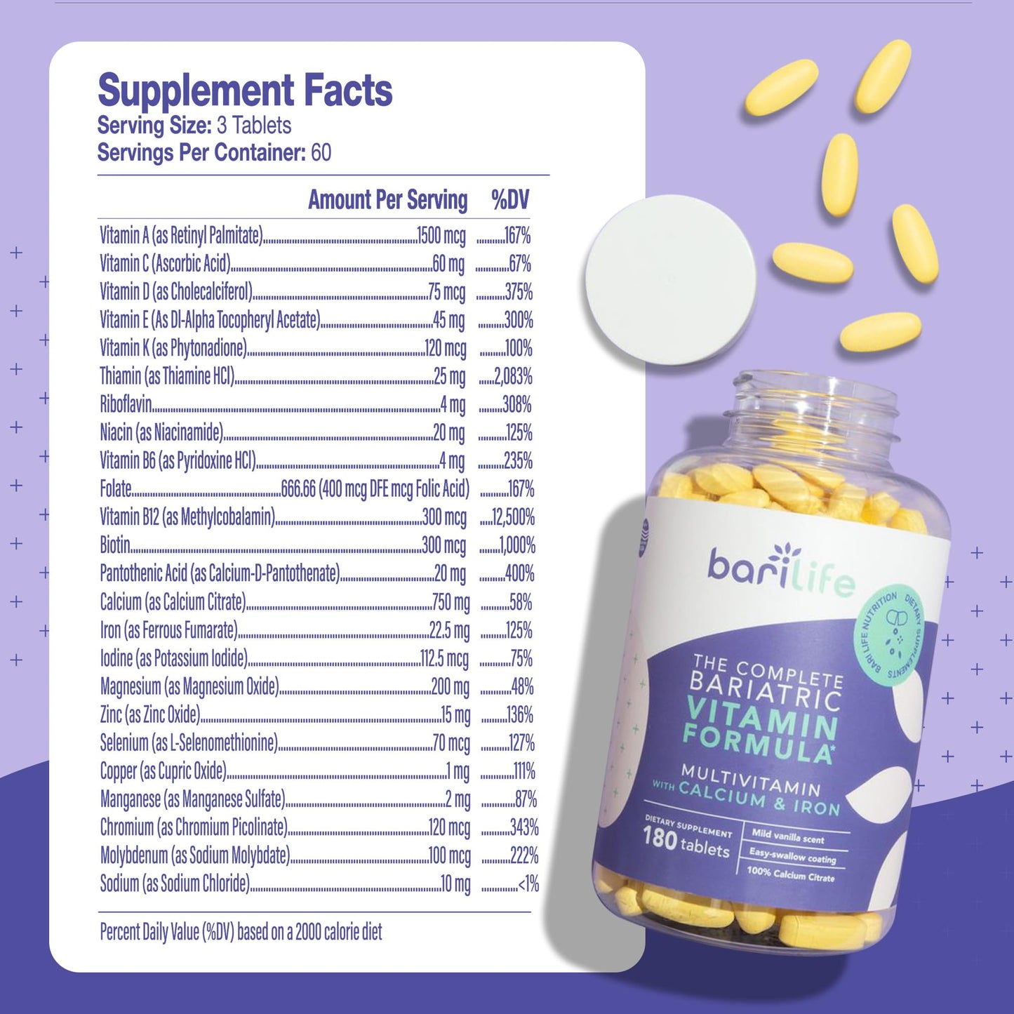 Bari Life Complete Bariatric Multivitamin - Non-Chewable Tablet with Calcium Citrate & Iron (180 Tablets)
