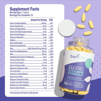 Bari Life Complete Bariatric Multivitamin - Non-Chewable Tablet with Calcium Citrate & Iron (180 Tablets)