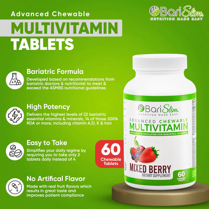 BariSlim Advanced Chewable Bariatric Multivitamin – Post-Bariatric Nutrition (Mixed Berry, 60 Count)