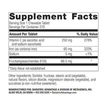 Bariatric Advantage Chewable Iron 60 mg with Vitamin C - Lemon Lime, 270 Count | Increased Absorption & Easy Digestibility for Post-Bariatric Patients