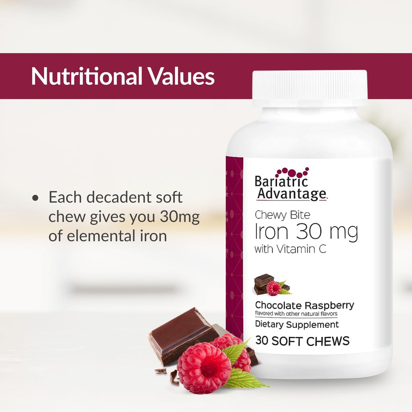 Bariatric Advantage Iron Chewy Bite – Chocolate Raspberry Truffle, 30 mg Iron, 60 mg Vitamin C, 30 Count